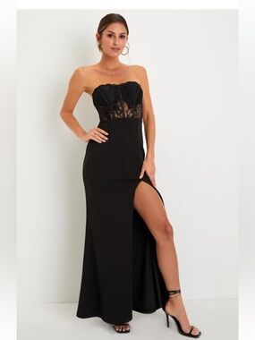 Lulus Sultry Persona Black Lace Strapless Bustier Mermaid Maxi Dress Size Large